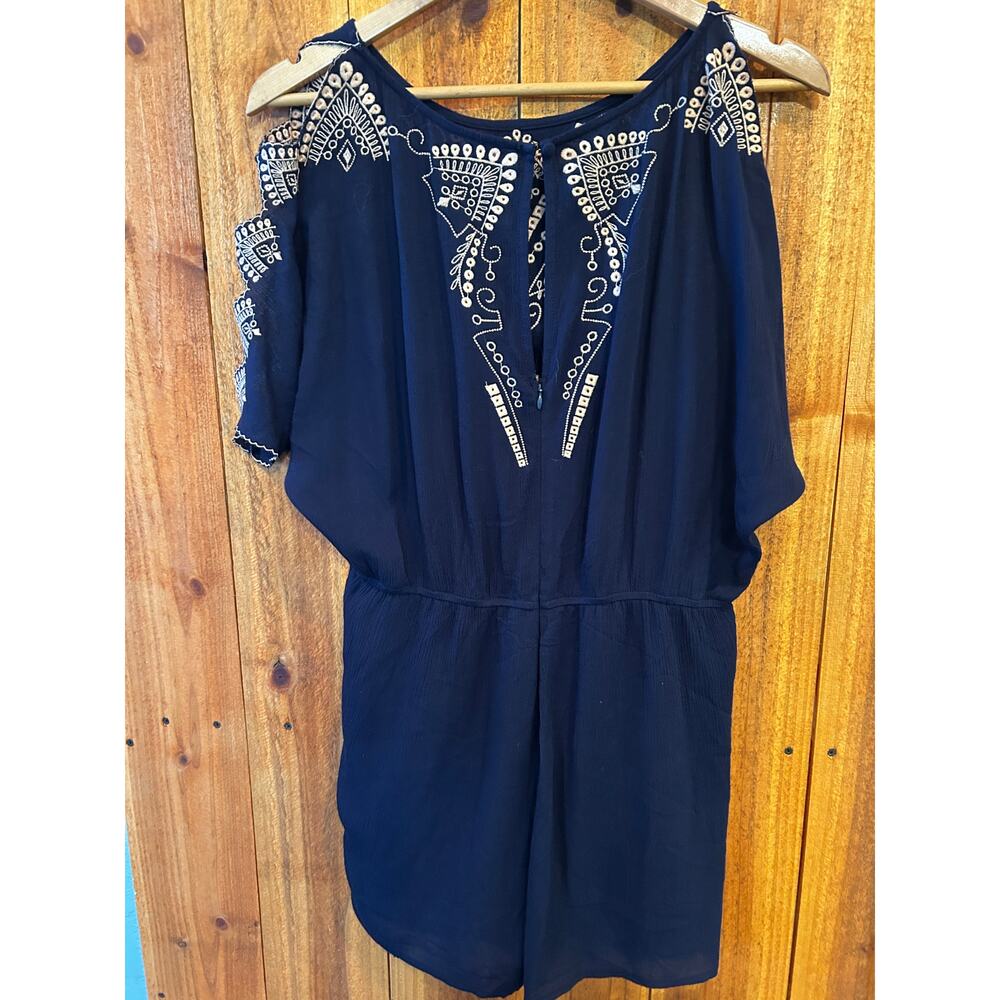 Alya Navy Blue Embroidered Boho Cold Shoulder Romper Cutout Flutter Sleeve S M - Picture 10 of 10